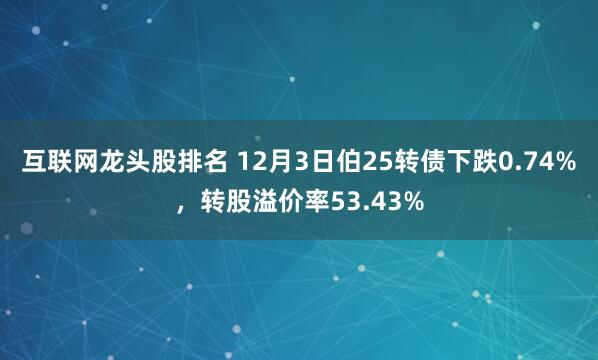 互联网龙头股排名 12月3日伯25转债下跌0.74%，转股溢价率53.43%